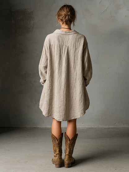 Women's Fashion Loose Cotton And Linen Button Lapel Mini Dress MDA1854H2Y