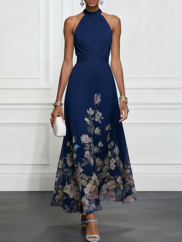 Light Blue Floral Chiffon Halter Sleeveless A-Line Maxi Dress