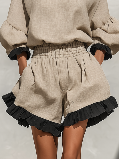 Women’s Beige Linen-Blend Contrast Ruffle Trim Long Sleeve Blouse & High-Waisted Ruffle Hem Shorts Two-Piece Set MDZ1018D0T