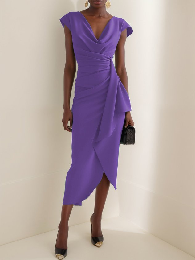 Green Cowl Neck Ruched Cap Sleeve Sheath Midi Dress