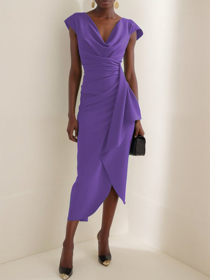 Green Cowl Neck Ruched Cap Sleeve Sheath Midi Dress