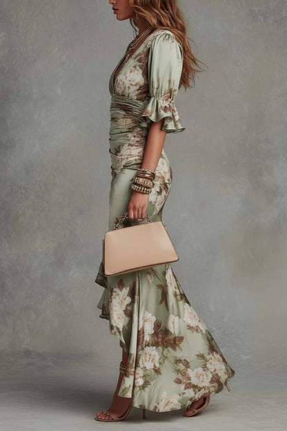 Green Floral Ruffled Bell Sleeve V-neck Satin Asymmetrical Maxi Dress