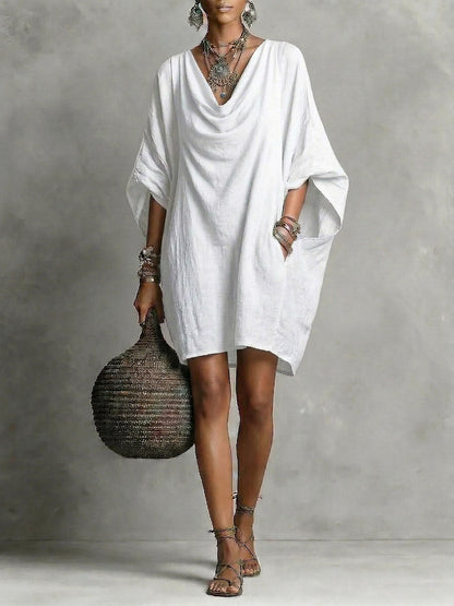 Women's Solid-color Cowl-neck 3/4-sleeve Casual Loose Cotton-linen Dress