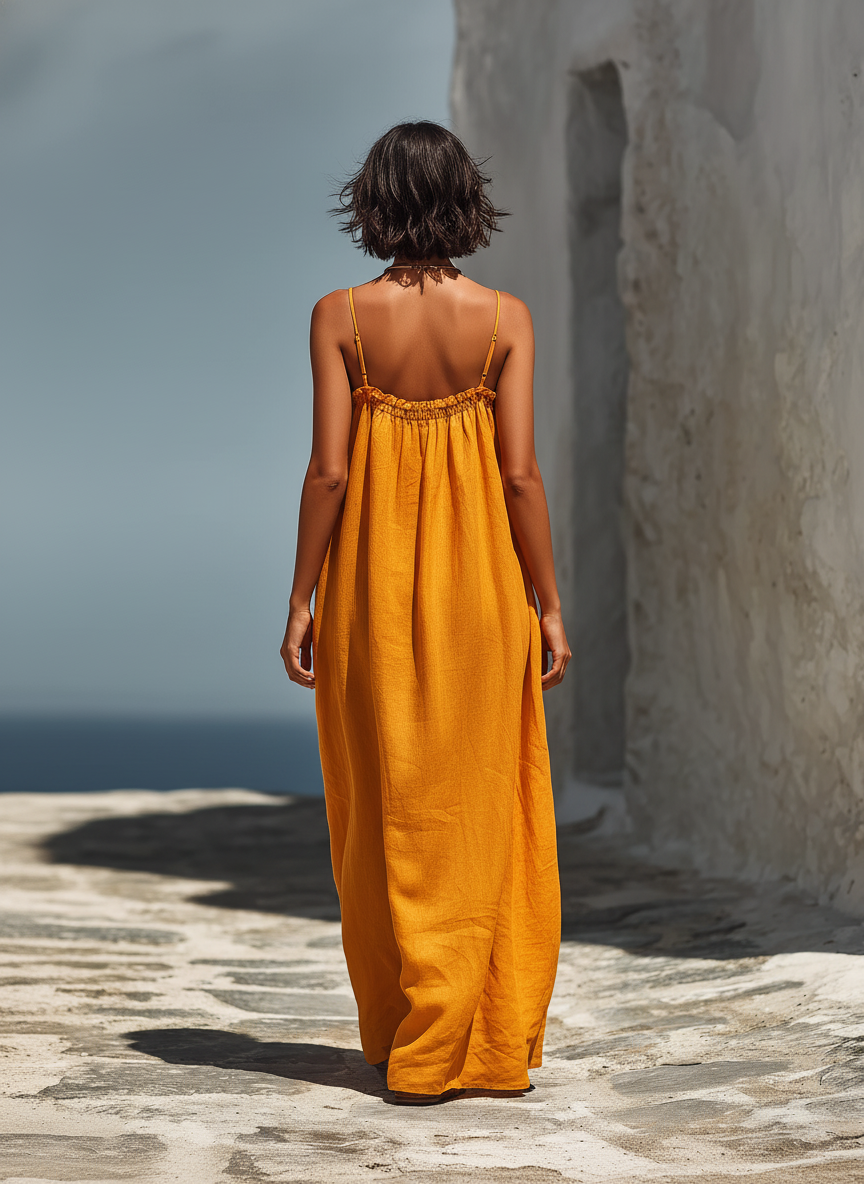 Women’s Tangerine Linen-Blend Spaghetti Strap Smocked Neck Flowy Maxi Sundress MDZ2214D9T