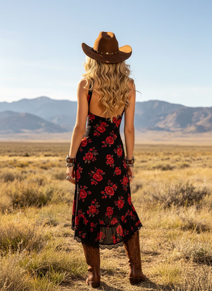 Women's Western Cowboy Black Floral Print Chiffon V-Neck Midi Dress With Lace Trim And Asymmetrical Hem