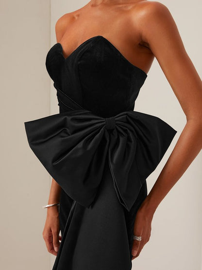 Black Bow Strapless Velvet Sheath Midi Dress