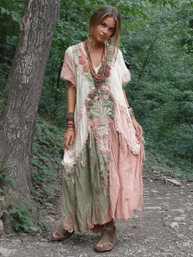 Women's Vintage Tree Of Life Patchwork Linen Dress
