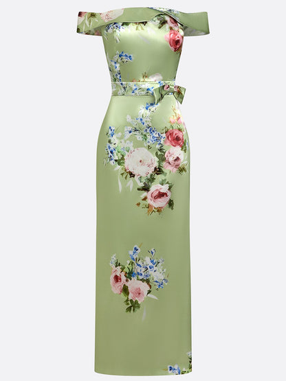Green Floral Bow Satin Off The Shoulder Short Sleeve Sheath Maxi Dress