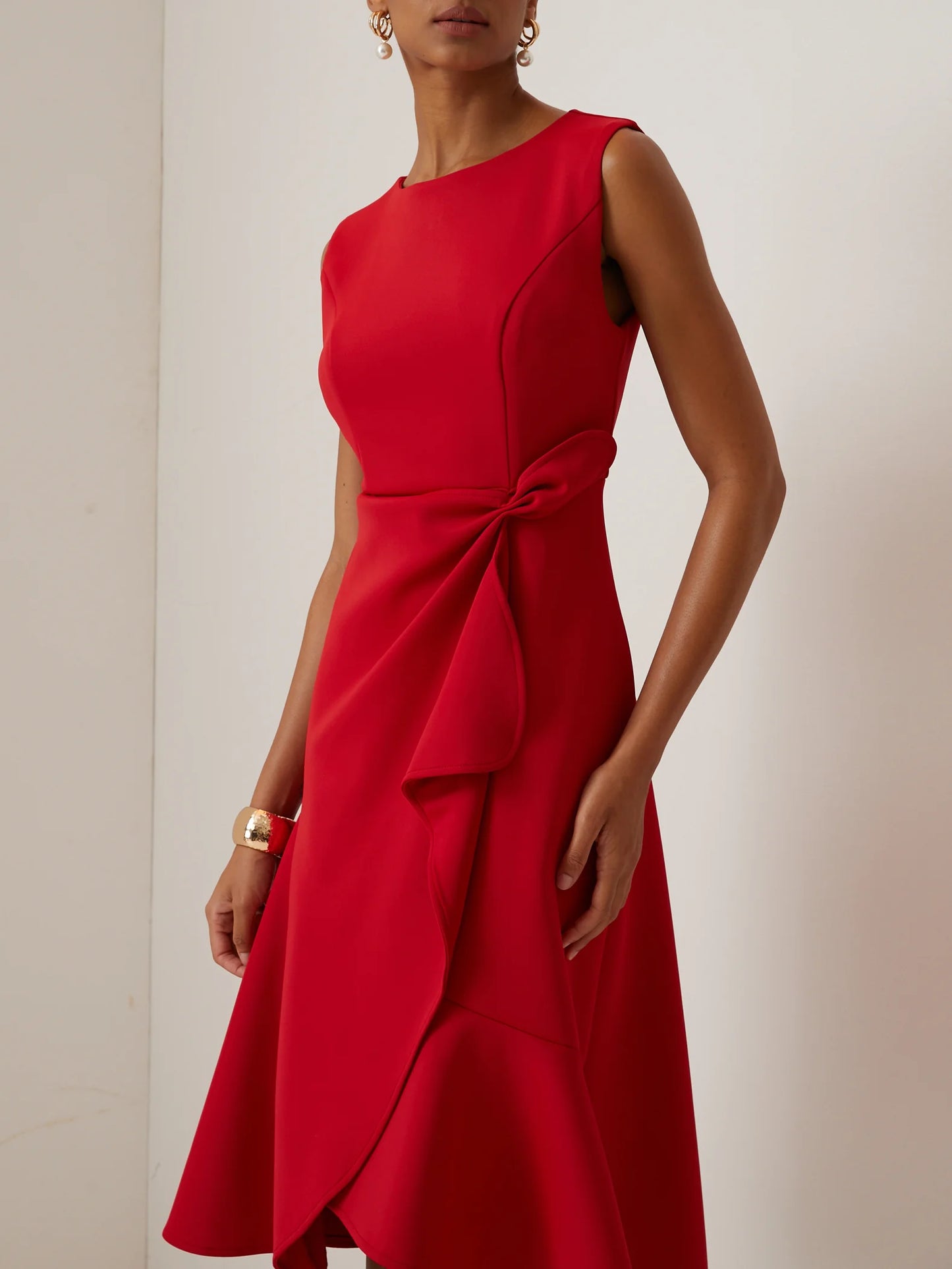 Red Asymmetric Ruffled Classic Boat Neck Sleeveless Midi Elegant A-line Dress with Waist Twist for Day-to-Night