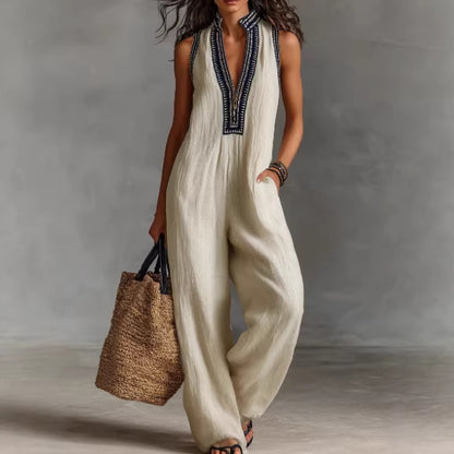 Linen Sleeveless Jumpsuit With Embroidered V-Neck And Wide Leg Design For Women