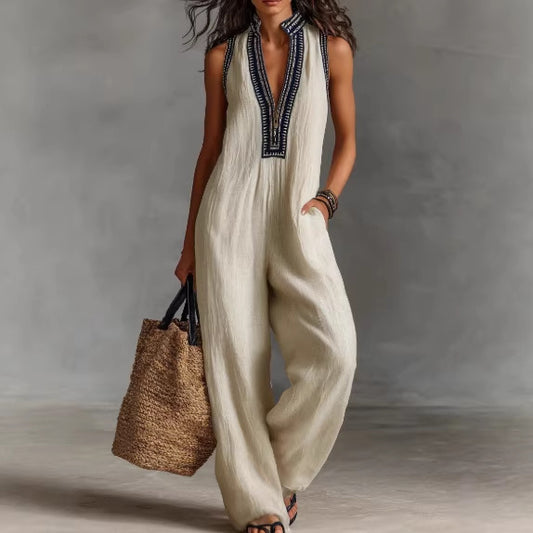 Linen Sleeveless Jumpsuit With Embroidered V-Neck And Wide Leg Design For Women