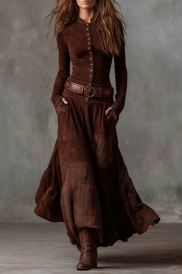 Navy Plaid Paneled Vintage Suede Maxi Dress