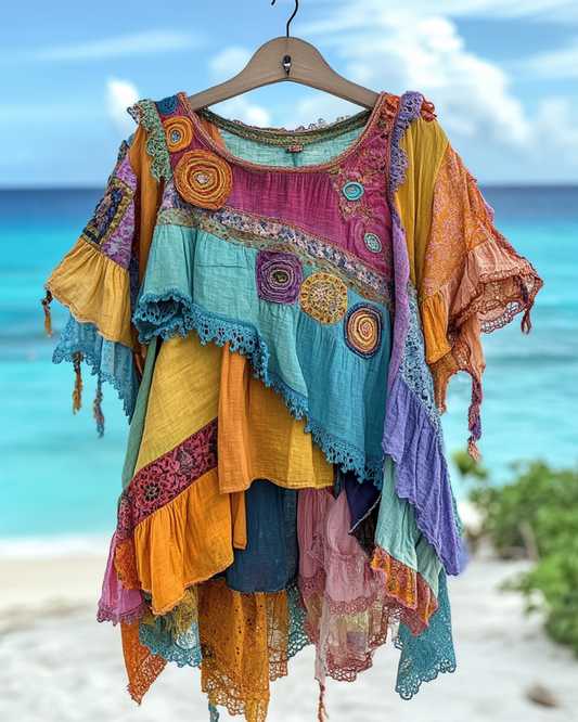 Summer colorful vacation patchwork contrast top 6899