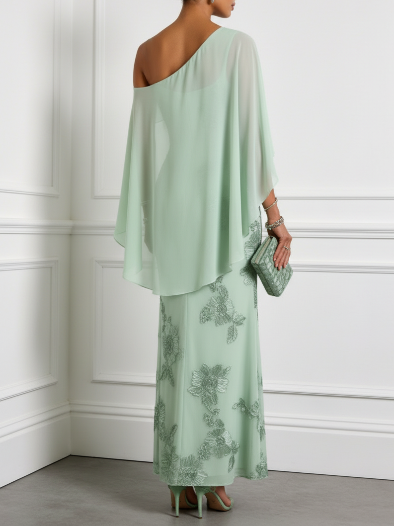 Light Green 3D Floral Classic One Shoulder Cap Sleeve Sheath Maxi Dress