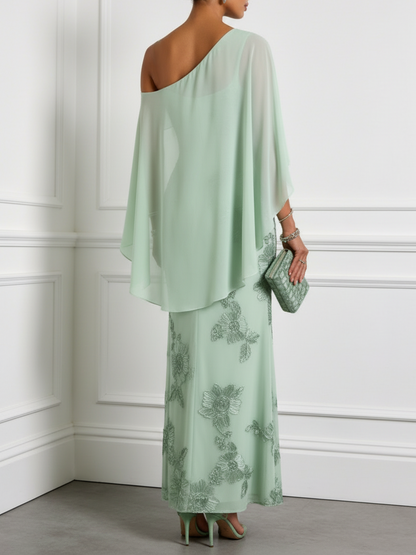 Light Green 3D Floral Classic One Shoulder Cap Sleeve Sheath Maxi Dress