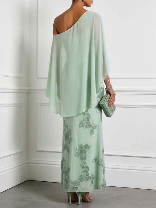 Light Green 3D Floral Classic One Shoulder Cap Sleeve Sheath Maxi Dress