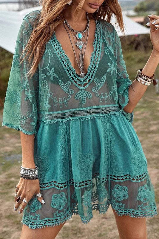 Multi-Color Bohemian Crochet Lace Embroidered V-Neck 3/4 Sleeve Loose Beach Cover Up Mini Dress