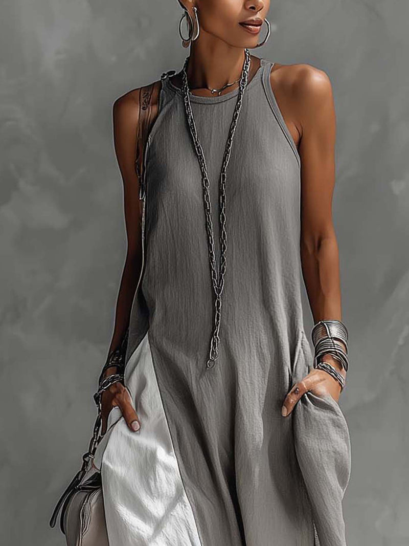 Color-blocked Gray Sleeveless Polyester Cotton Linen Maxi Dress