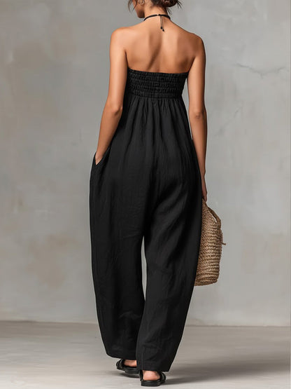 Women's Solid Color Strapless Casual Loose Cotton And Linen Jumpsuit