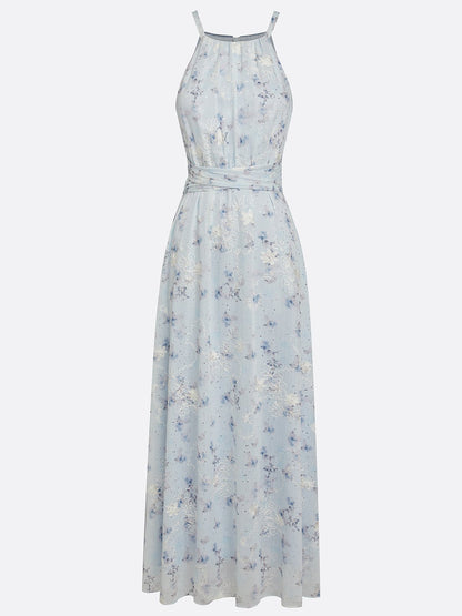 Light Blue Stamped Bronzing Jacquard Floral Chiffon Halter Sleeveless A-Line Maxi Dress