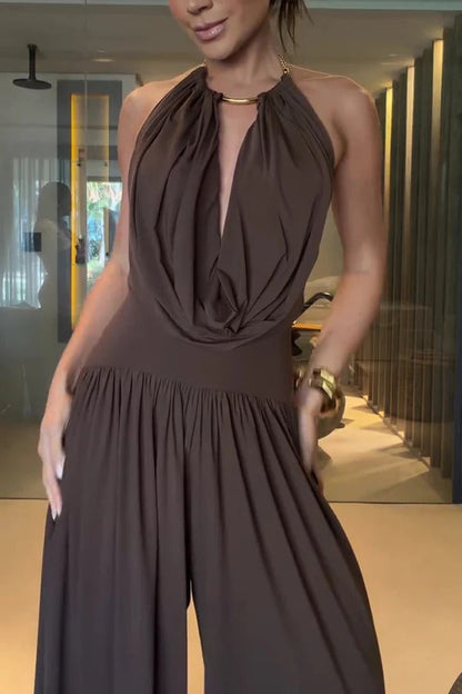 Lightweight Chic Metal Ring Drape Cowl Halter Neck Stretch Bodysuit