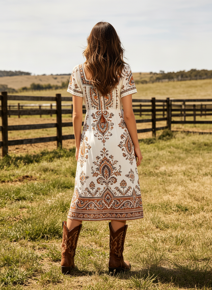 Women's Western Cowboy Cotton Printed Boho Midi Dress With Square Neck And Short Sleeves