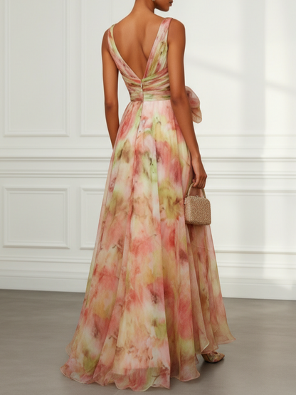 Pink Floral Bow Tulle V Neck Sleeveless A-Line Floor-length Gown Dress