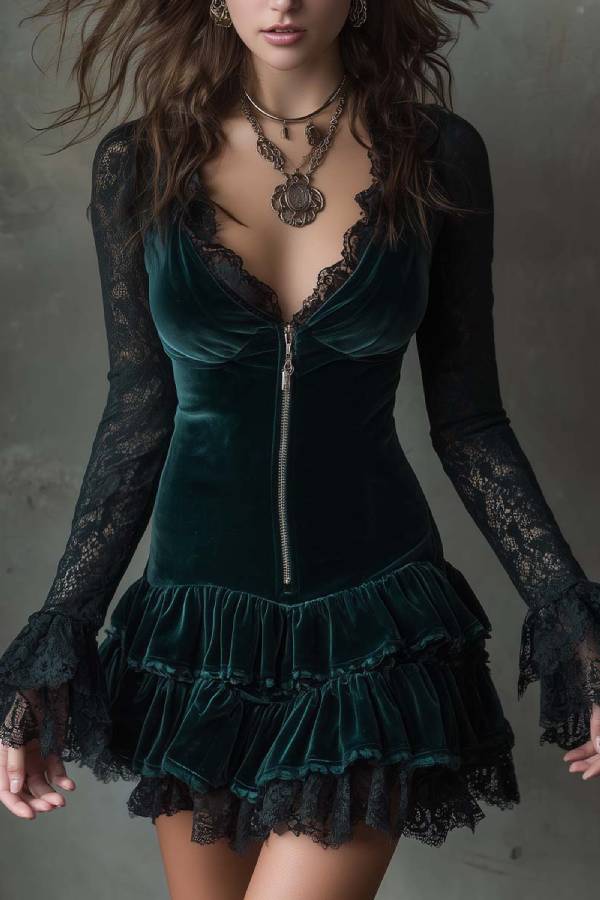 Dark green velvet mini dress with lace sleeves