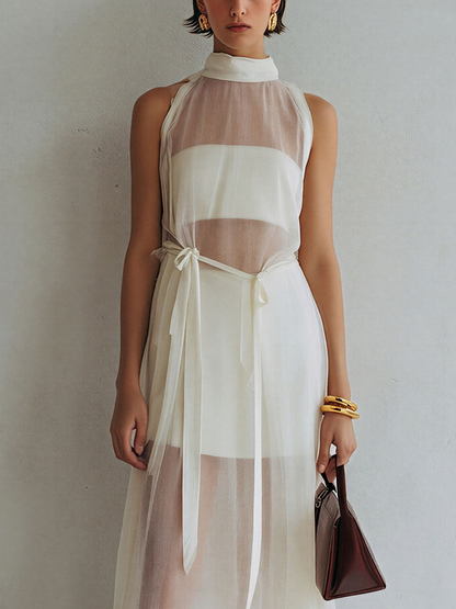 Women’s Ivory Sheer Mesh Halter Neck Maxi Dress With Inner Lining & Waist Tie MDZ2573D7T