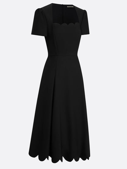Black Asymmetric Classic Scalloped Square Neck Short Sleeve A-Line Midi Dress