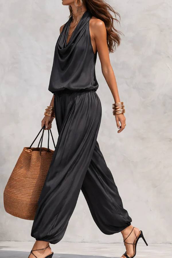 Black Halter Neck Sleeveless Top And Pleated Trousers Set