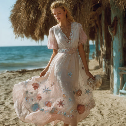 Vintage Bohemian Ocean Mermaid V-neck Dress