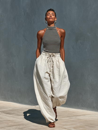 Women’s Black & White Striped Ribbed Knit Halter Top & Beige Linen Drawstring Wide-Leg Pants Two-Piece Set With Pockets MDZ2206D5T