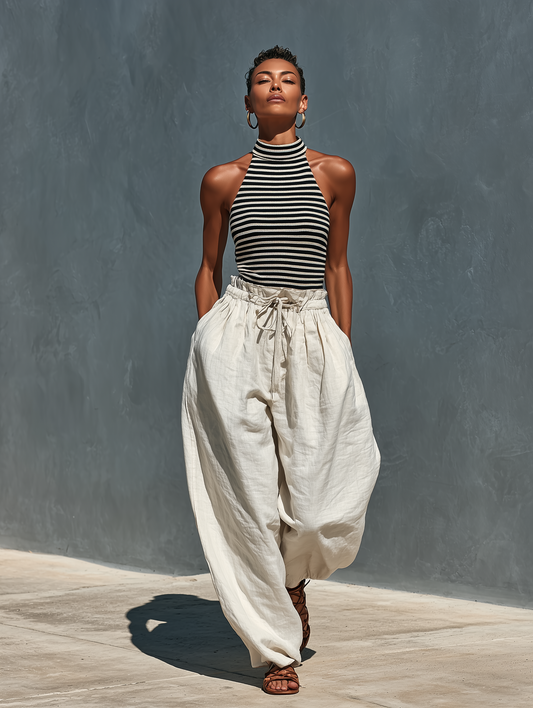 Women’s Black & White Striped Ribbed Knit Halter Top & Beige Linen Drawstring Wide-Leg Pants Two-Piece Set With Pockets MDZ2206D5T