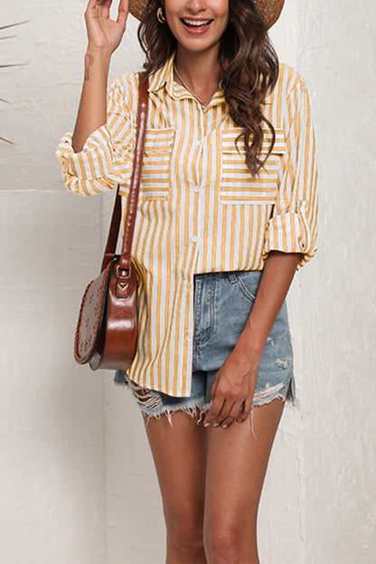 Linen Cotton Wash Stripe Single Breasted Long Sleeve Shirt