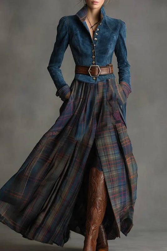 Retro Ethnic Style Blue Faux Suede Plaid Maxi Dress