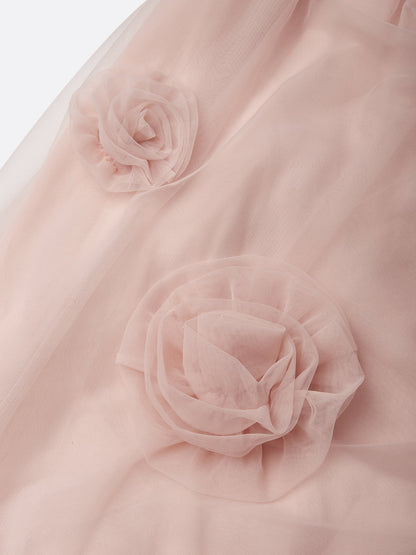 Pink 3D Floral Ruched Tulle Strapless Sleeveless Mermaid Gown Dress