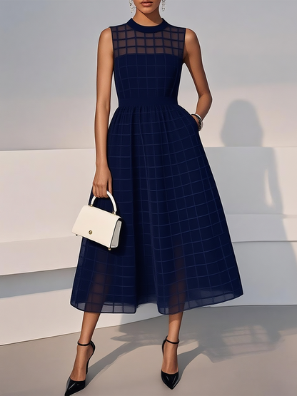 Wine Red Classic Crew Neck Sleeveless A-Line Midi Dress