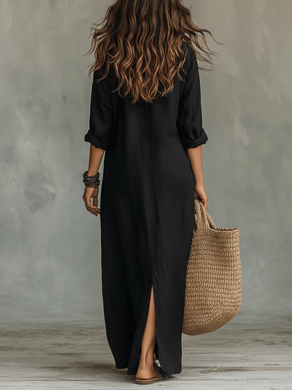 Casual Solid-color Linen-cotton Dress