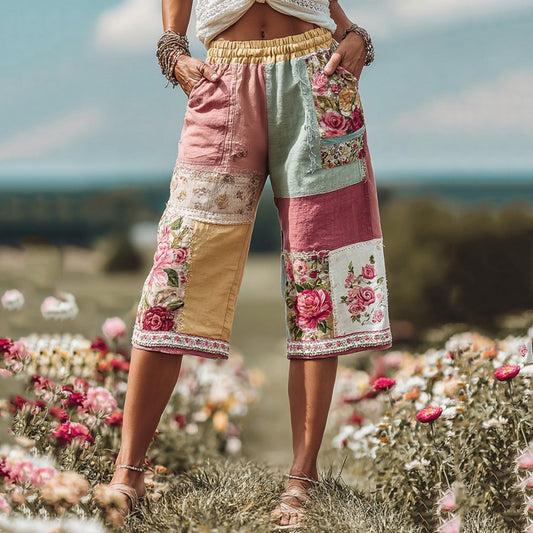 Women's Patchwork Rose Floral Contrast Waist Elastic Pocket Shorts c6d0