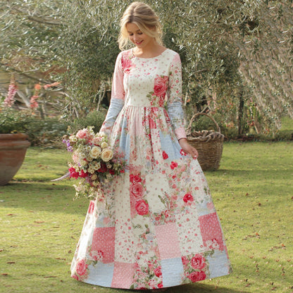 Vintage Floral Art Women's Linen Long Sleeve Maxi Dress