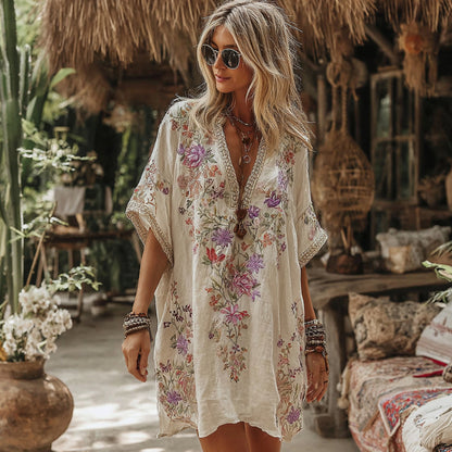 Women's Floral Embroidery Art V Neck Comfy Short Sleeve Midi Dress