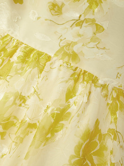 Yellow Floral Jacquard Chiffon Halter Sleeveless A-Line Midi Dress