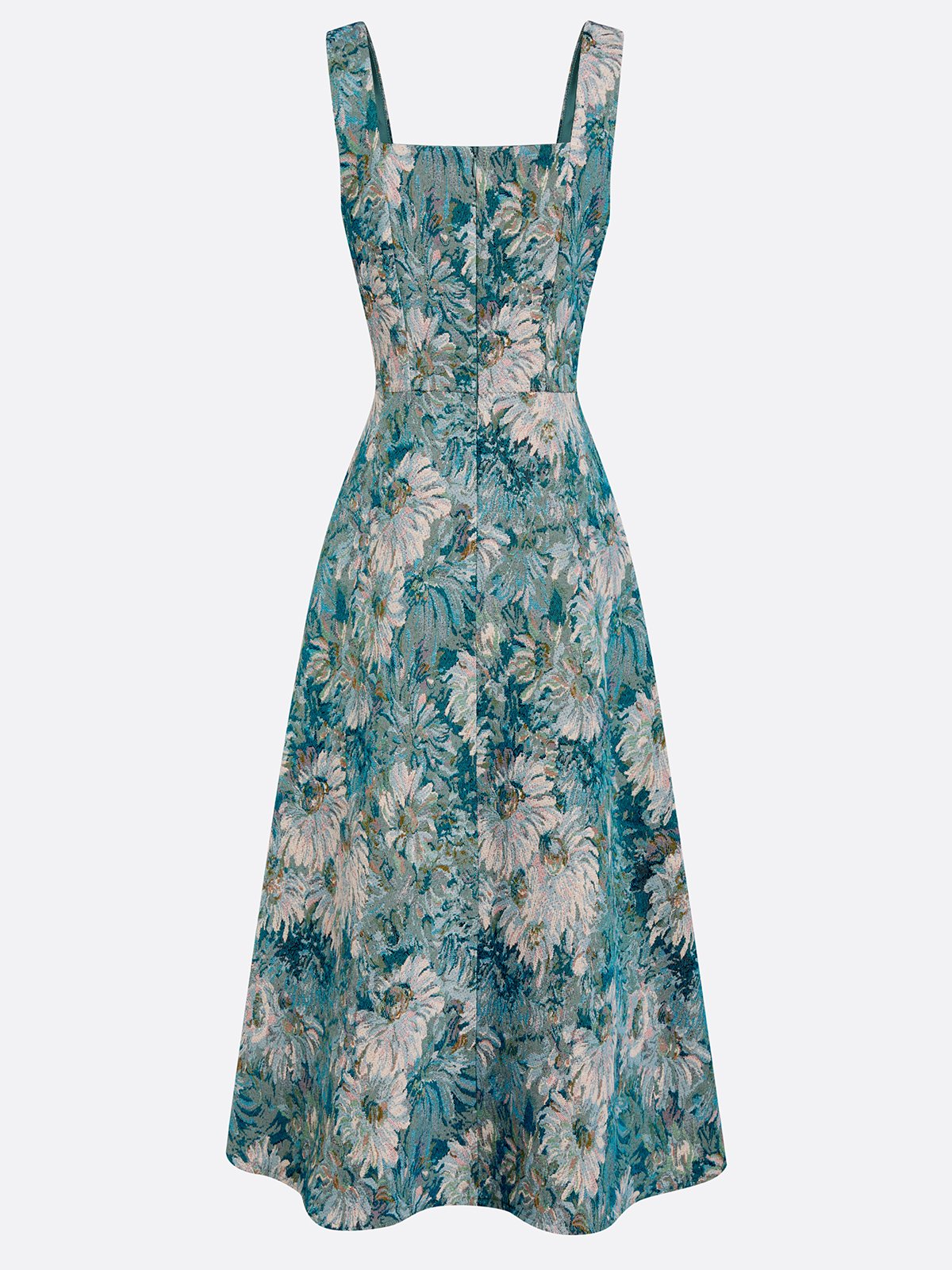Blue Jacquard Classic Square Neck Sleeveless A-Line Midi Dress
