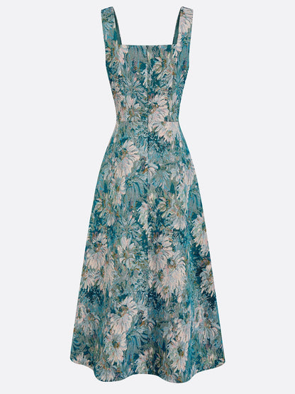 Blue Jacquard Classic Square Neck Sleeveless A-Line Midi Dress