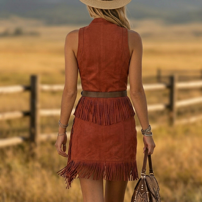 Women's Western Boho Fringe Mini Dress With Deep V-Neck And Zipper Front