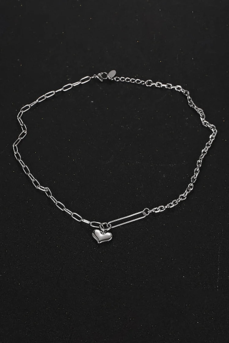Heart Pendant Alloy Chain Necklace-Silver