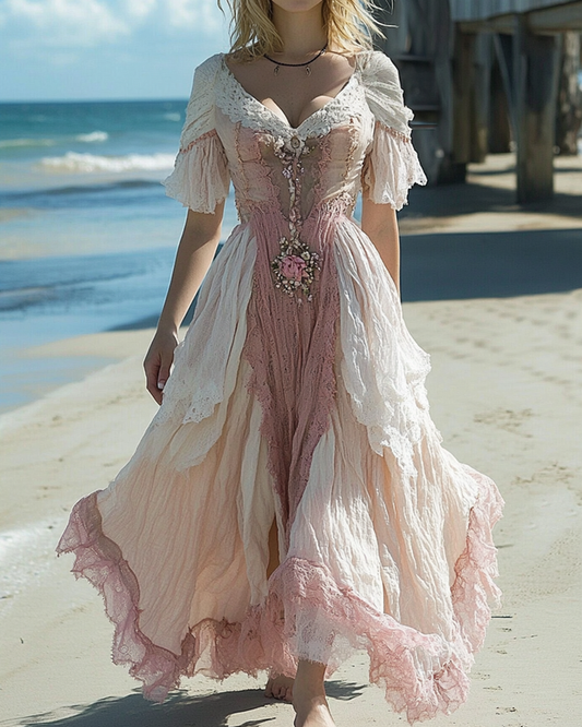Summer Vacation Seaside Ruffle Lace Patchwork Dress c22d