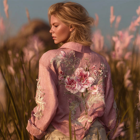 Boho Floral Embroidery Vintage Women's Linen Shirt