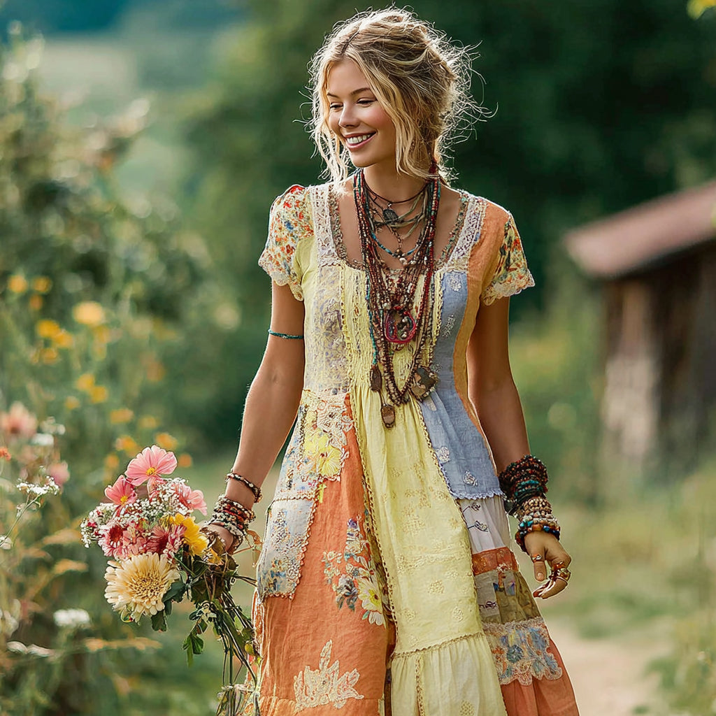 Women's Floral Color Block Round Neck Short Sleeve Long Dress